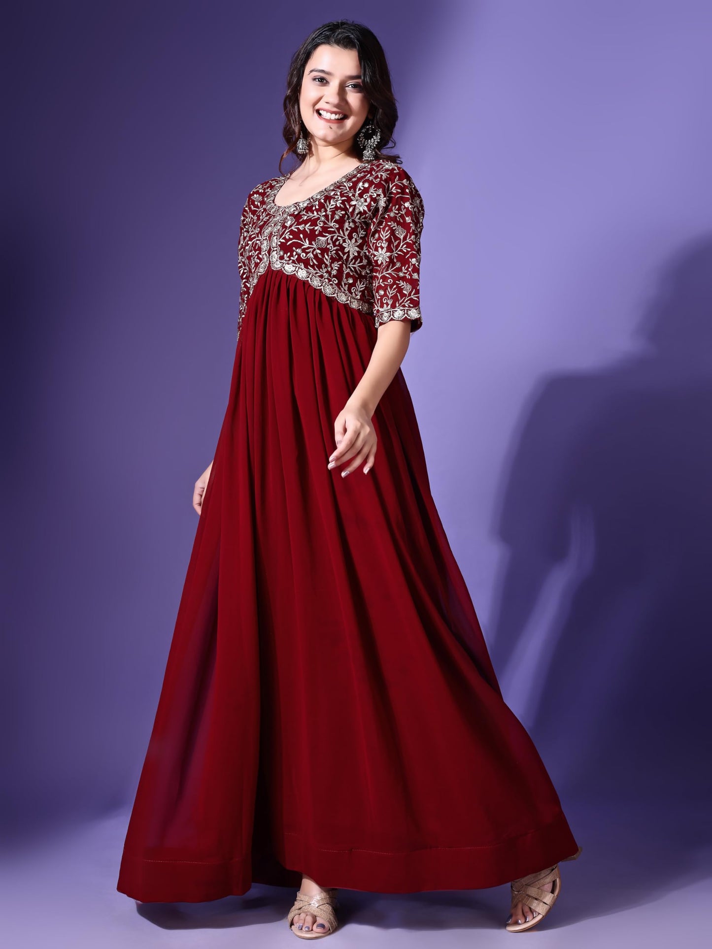 Wedani Georgette Embroidered Long Gown for Women Maroon