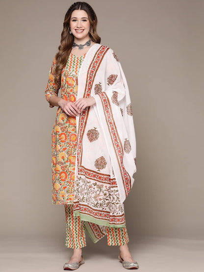 anubhutee Women Cotton Printed Straight Kurta Suit Set With Dupatta & Pants