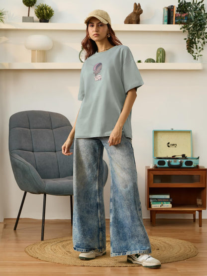 The Souled Store Official Tom & Jerry: Munching Mischief Women and Girls Short Sleeve Round Neck Grey Graphic Printed Cotton Ove