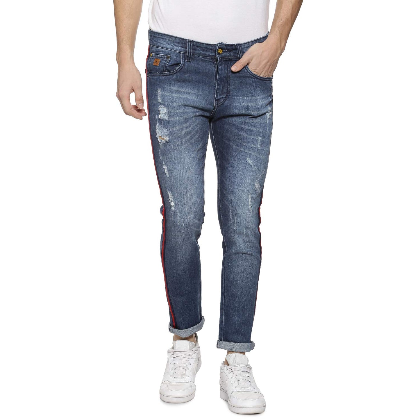 Campus Sutra Mens Classic Blue Dark-Washed Distressed Side Striped Regular Fit Denim Jeans | Mid-Rise Stretchable Cotton Denim J