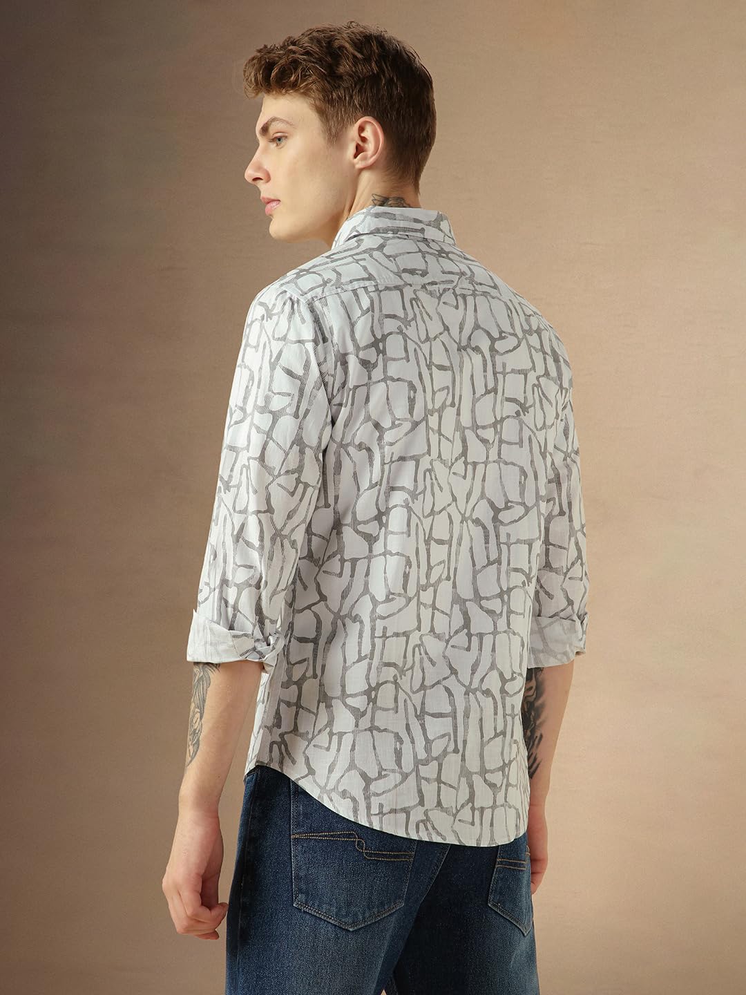 Dennis Lingo MenS Off White Cotton Spread Collar Long Sleeves Printed Shirts