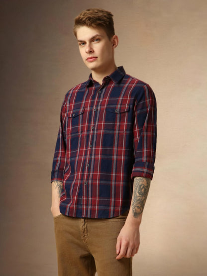 Dennis Lingo Men Navy Blue Checks Relaxed Fit Full Sleeve Spread Collar Shirts