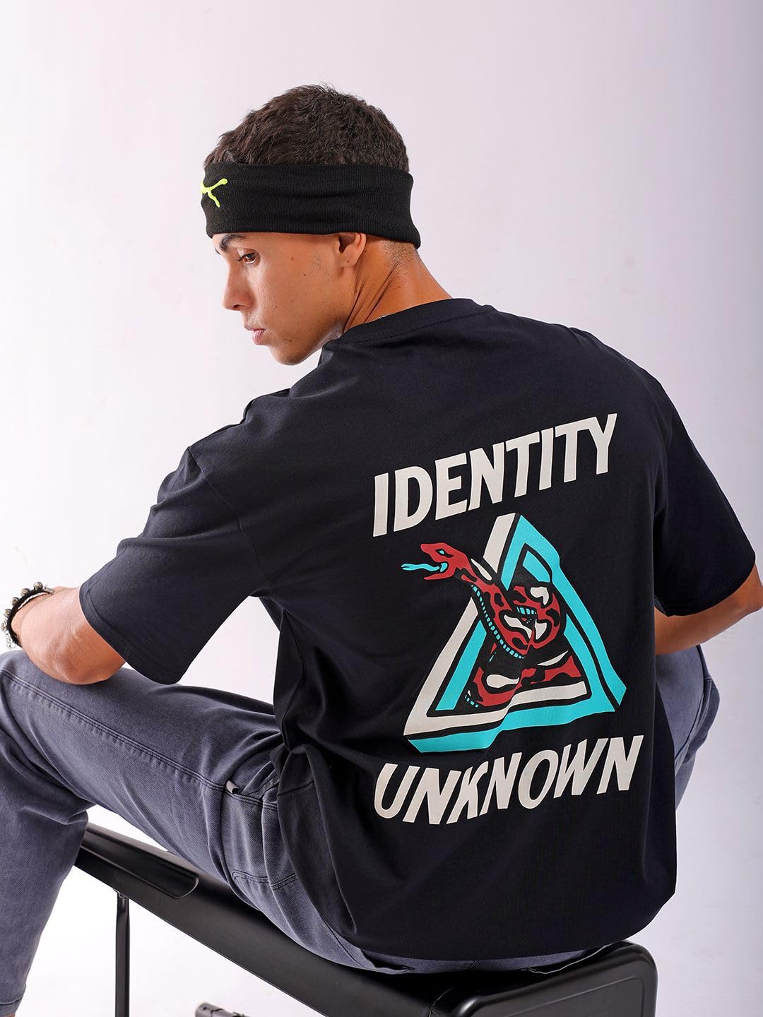 The Indian Garage Co Men Boxy Oversized Graphic Back Printed Round Neck Tshirt Black