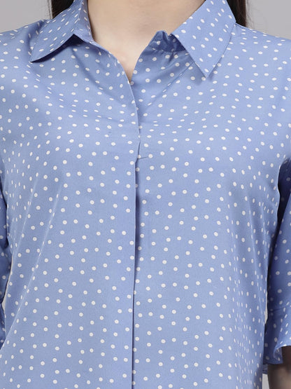 Style Quotient Women Smart Blue & White Polk Dot Flare Sleeve Top