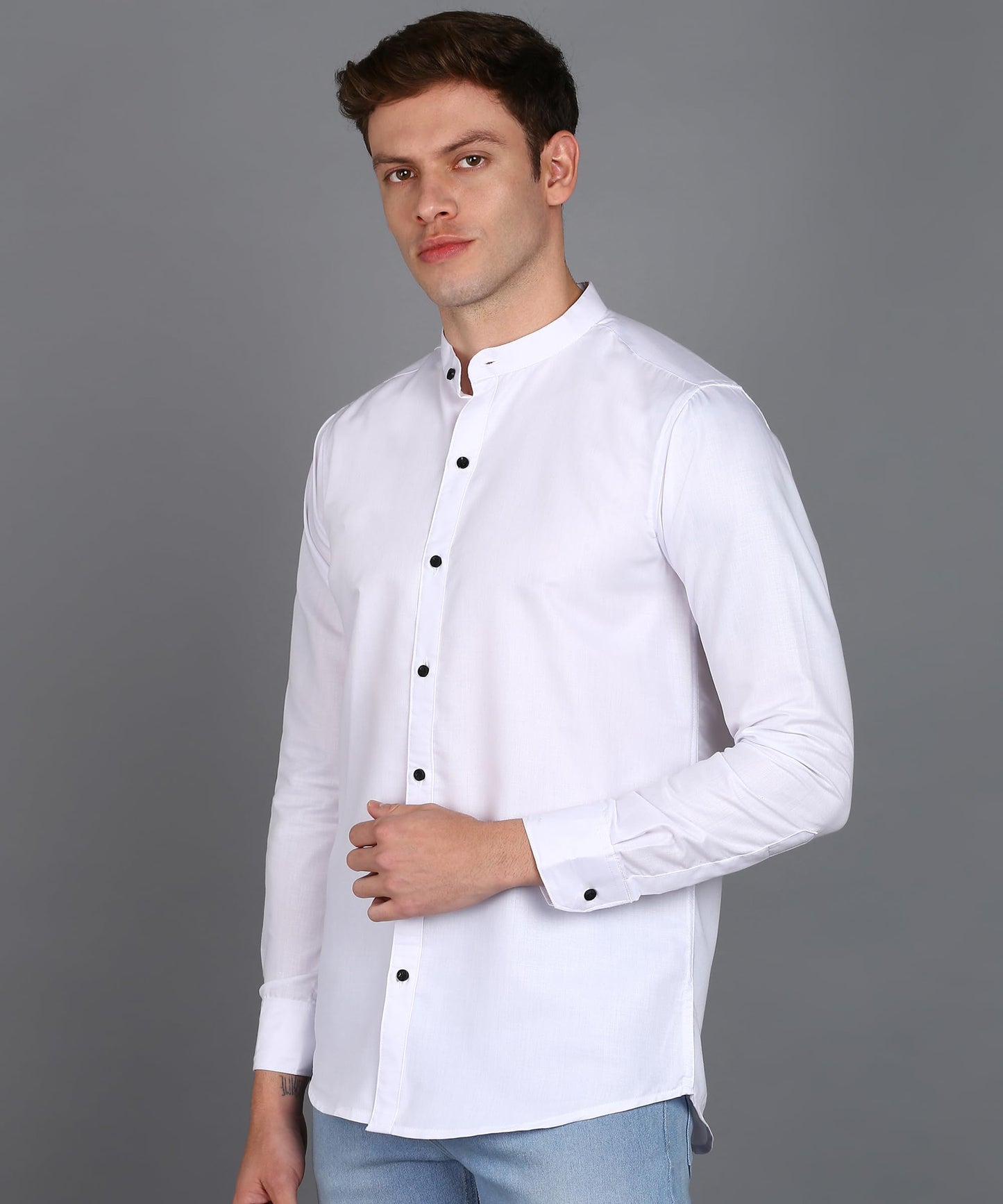 Mildin MenS Regular Cotton Blend White Slim Fit Solid Button Down Mandarin Chinese Collar Full Sleeve Curved Hemline Casual Shi