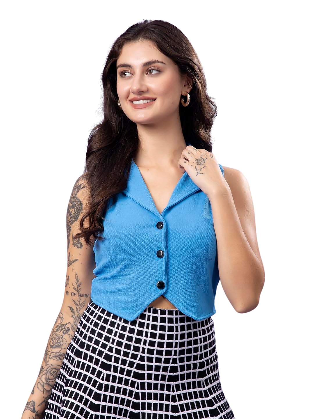 POPWINGS Blue Solid Button Clousre V Neck Sleeveless Waistcoat Crop Top