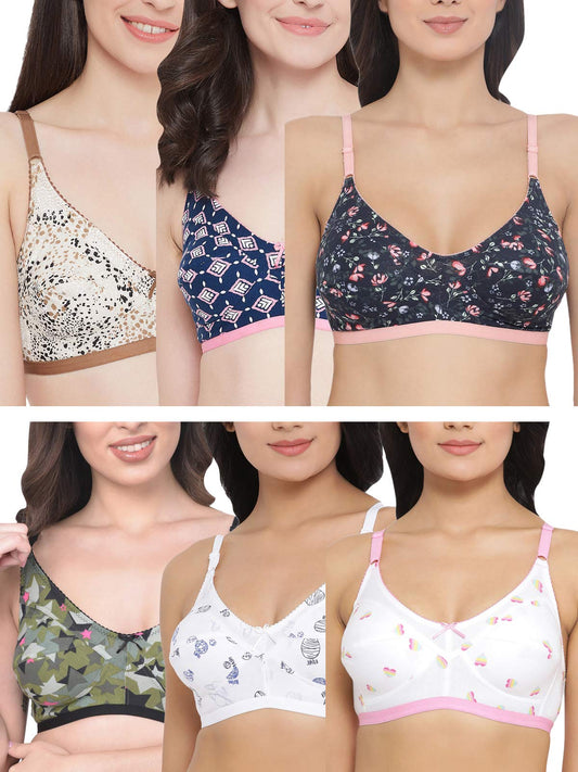 Clovia WomenS Pack Of 6 Cotton Non-Wired Non Padded Double Layered Bra (Combrc710_Multicolored_34C) (Print And Color May Vary)