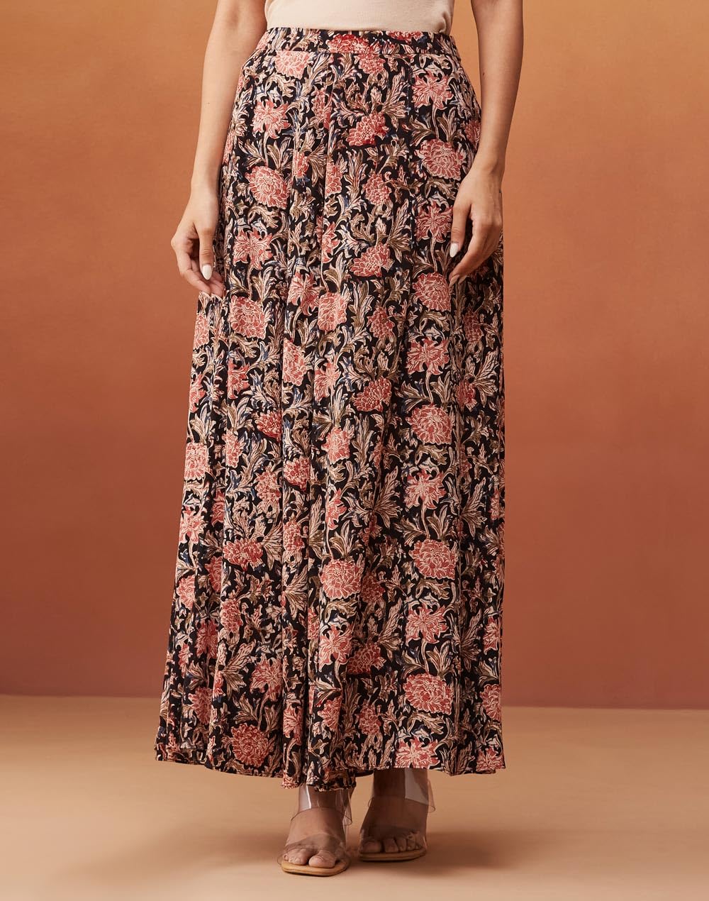Fabindia Black Viscose Kalamkari Printed Maxi Skirt