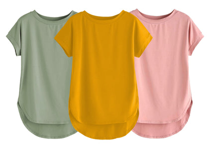 Fabricorn Combo Of Three Plain Mustard Yellow, Sage Green And Dusty Rose Round Neck Up And Down Cotton Tshirt For Women (Mustard