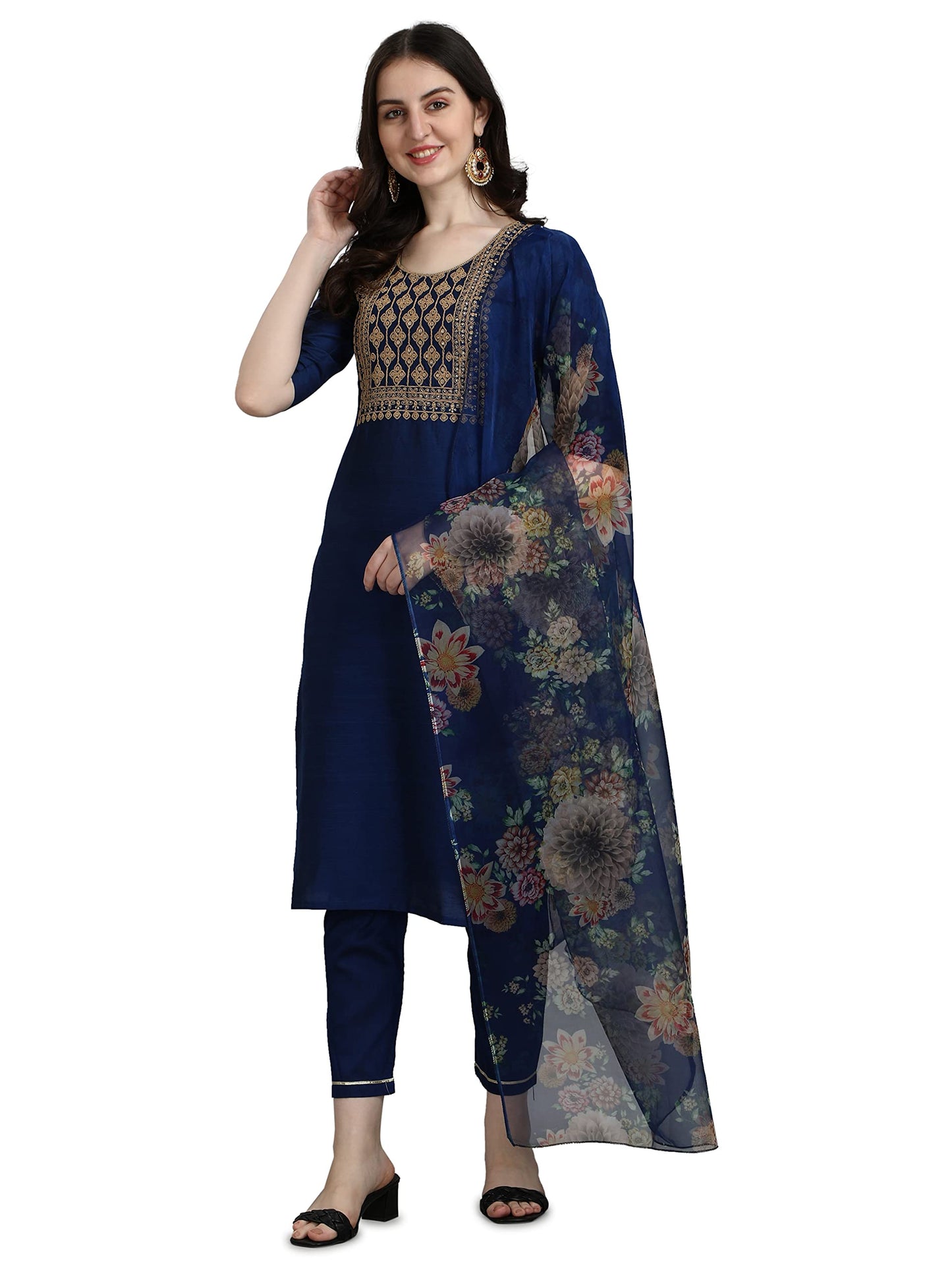 Vredevogel WomenS Embroidered Cotton Silk Blend Kurta Pant And Dupatta Set, Blue, Medium