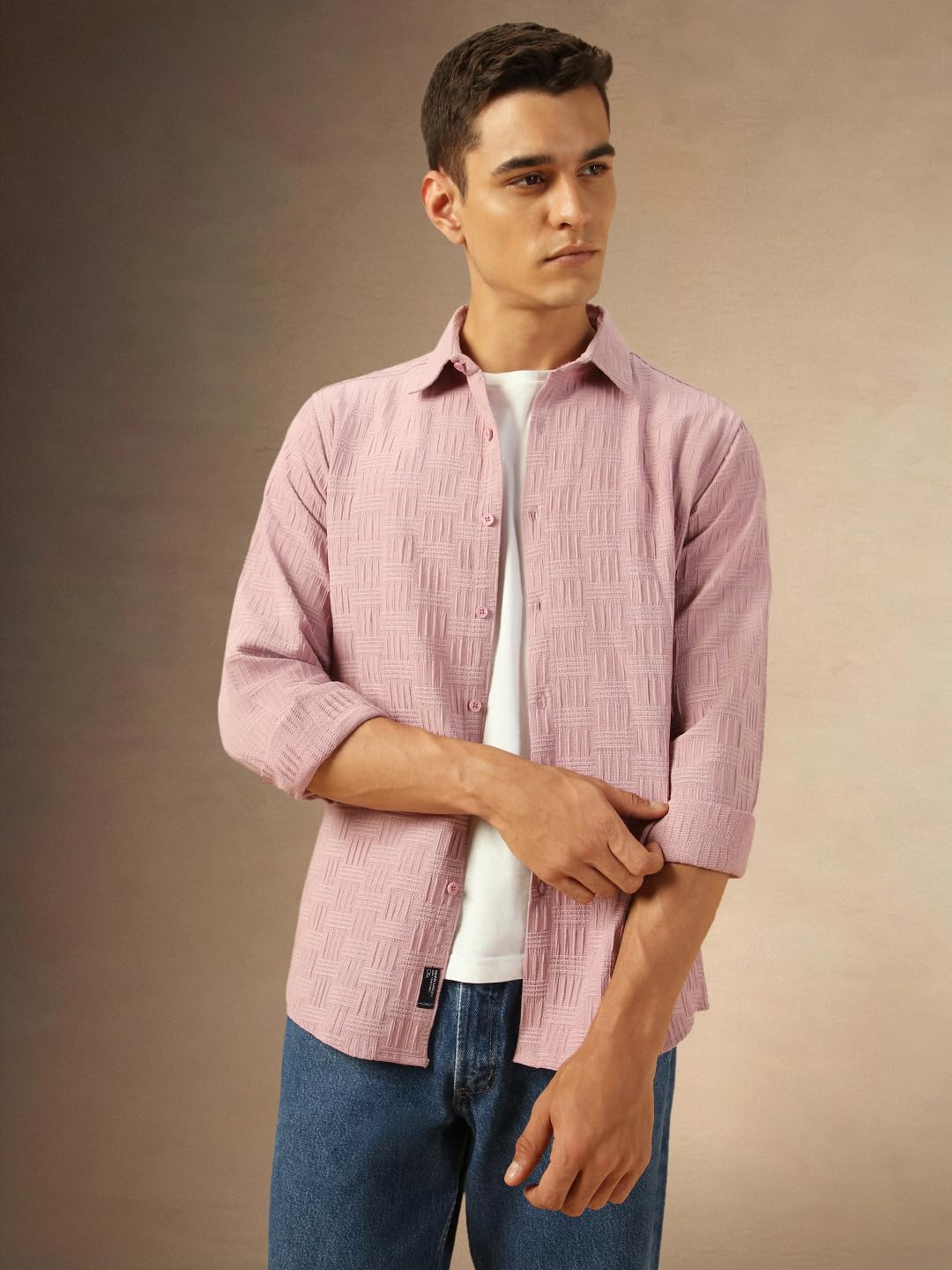 Dennis Lingo Men Regular Fit Cotton Solid Full Sleeves Spread Collar Shirt Pink