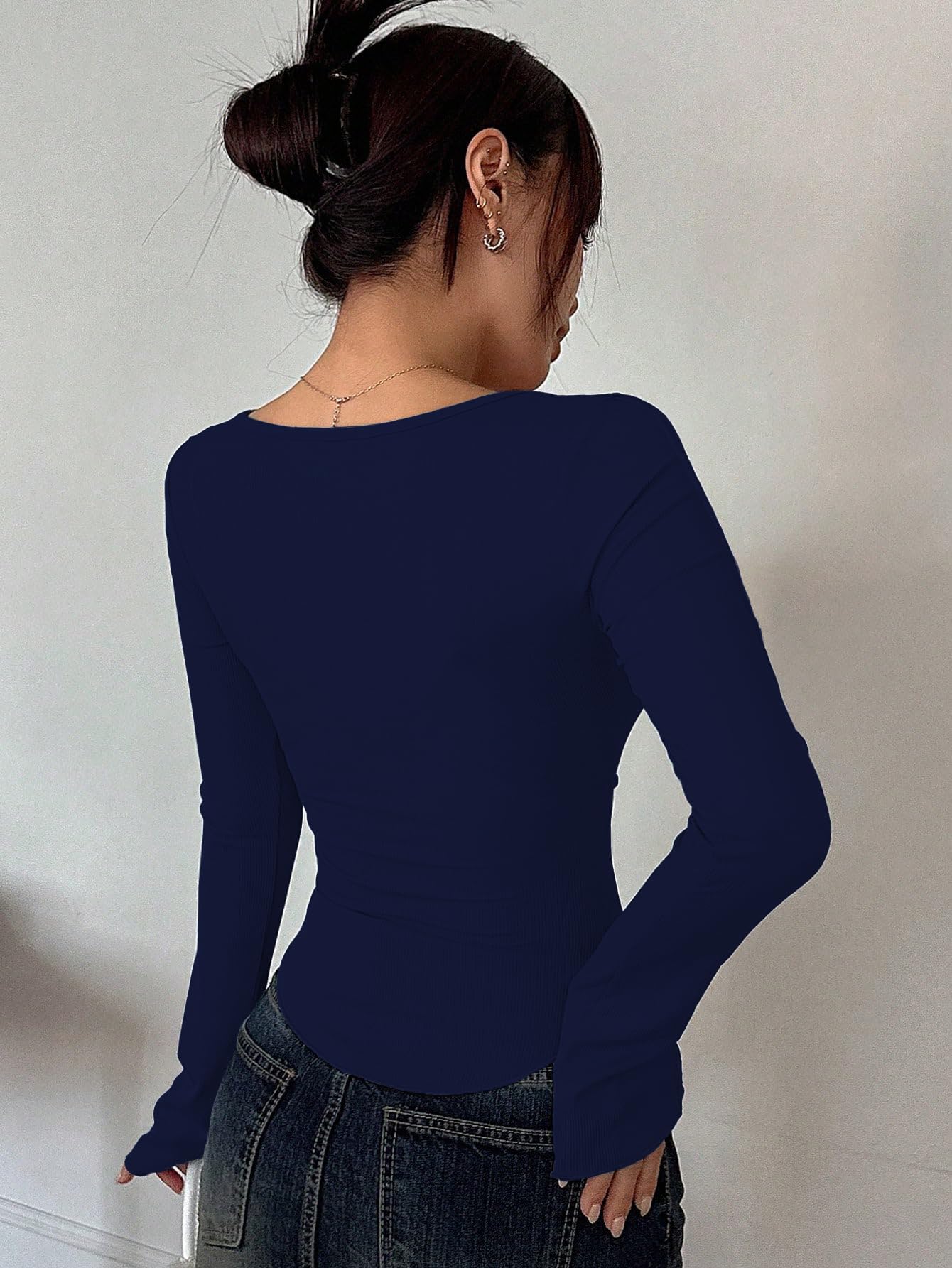 Sugathari Womens Navy Blue Solid Long Sleeve Wrap-Style Square Split Crew Neck Bodycon Women T-Shirt Spring And Summer, Minimal