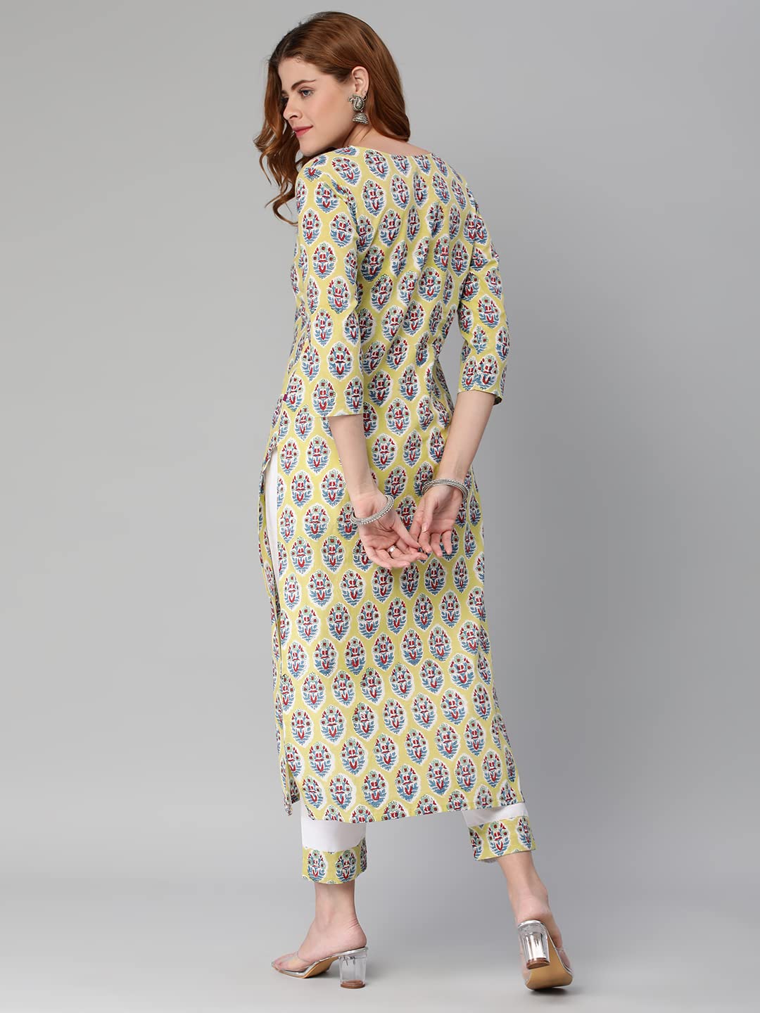 ANNI DESIGNER Women's Cotton Blend Traditional Straight Printed Kurta with Pant Set (Who Green)