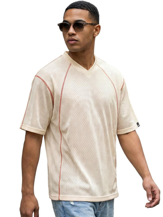Bewakoof Air 1.0 MenS Textured Oversized Fit Half Sleeve V-Neck Poly Mesh T-Shirt_1004013_Beige_S