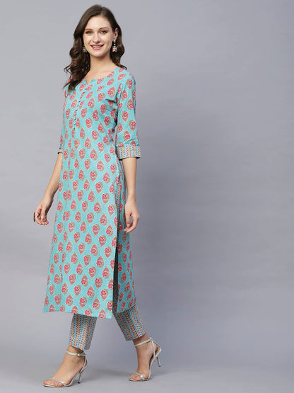 ANNI DESIGNER Women's Cotton Blend Printed Straight Kurta with Pant (Dava Green)