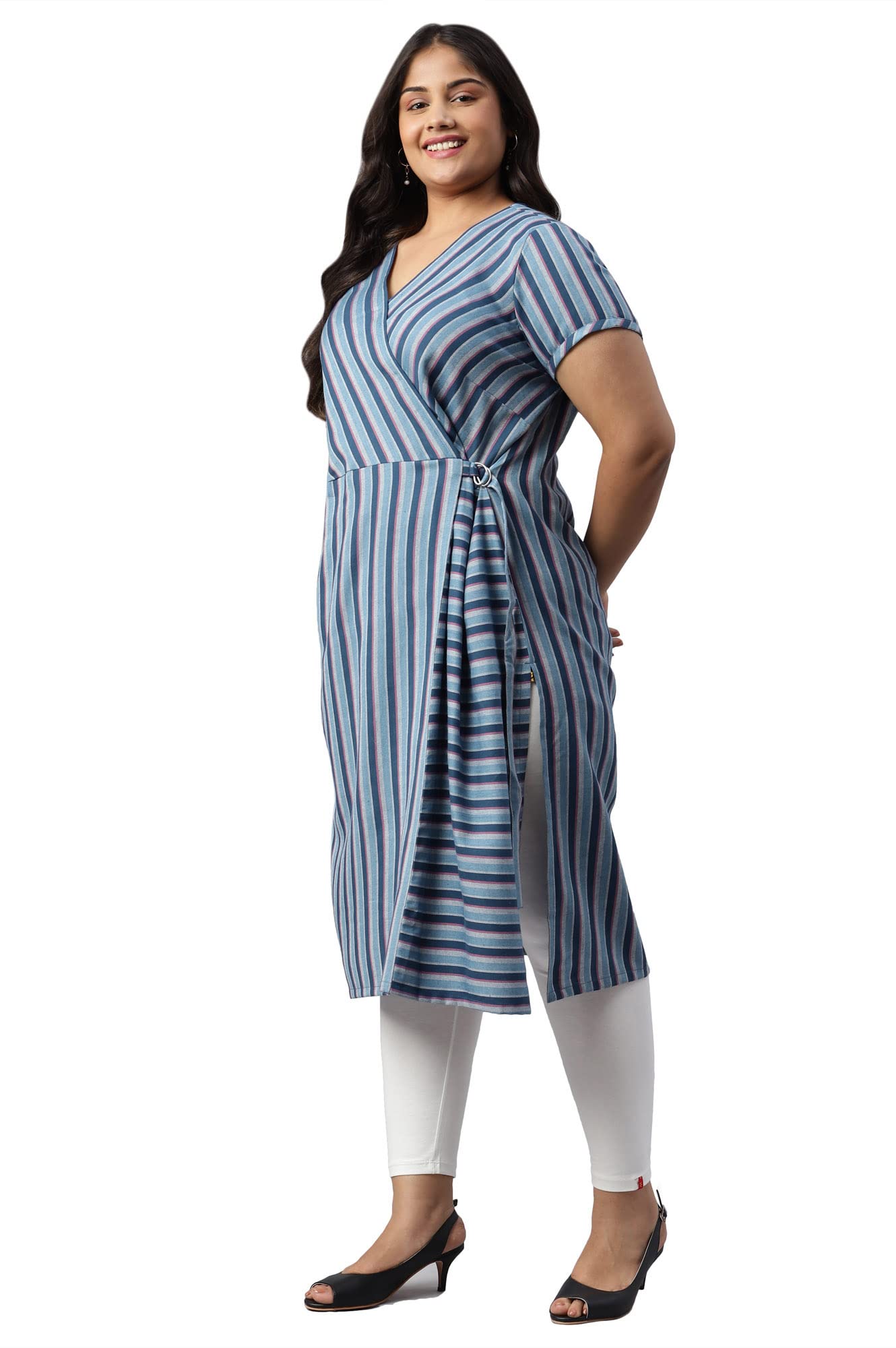 Aurelia Women Blue Cotton Stripes Yarn Dyed Straight Kurta