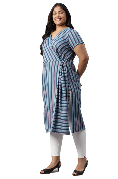 Aurelia Women Blue Cotton Stripes Yarn Dyed Straight Kurta