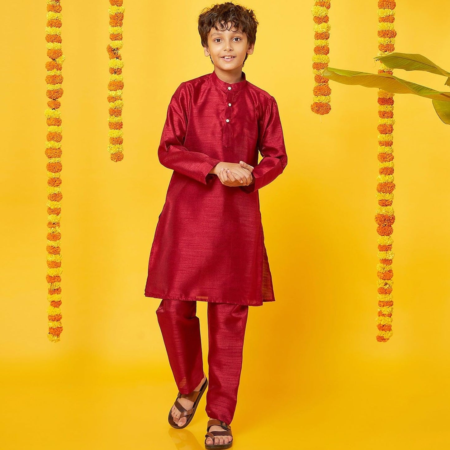 Bon Organik Red Silk Kurta With Pajama Set For Boy