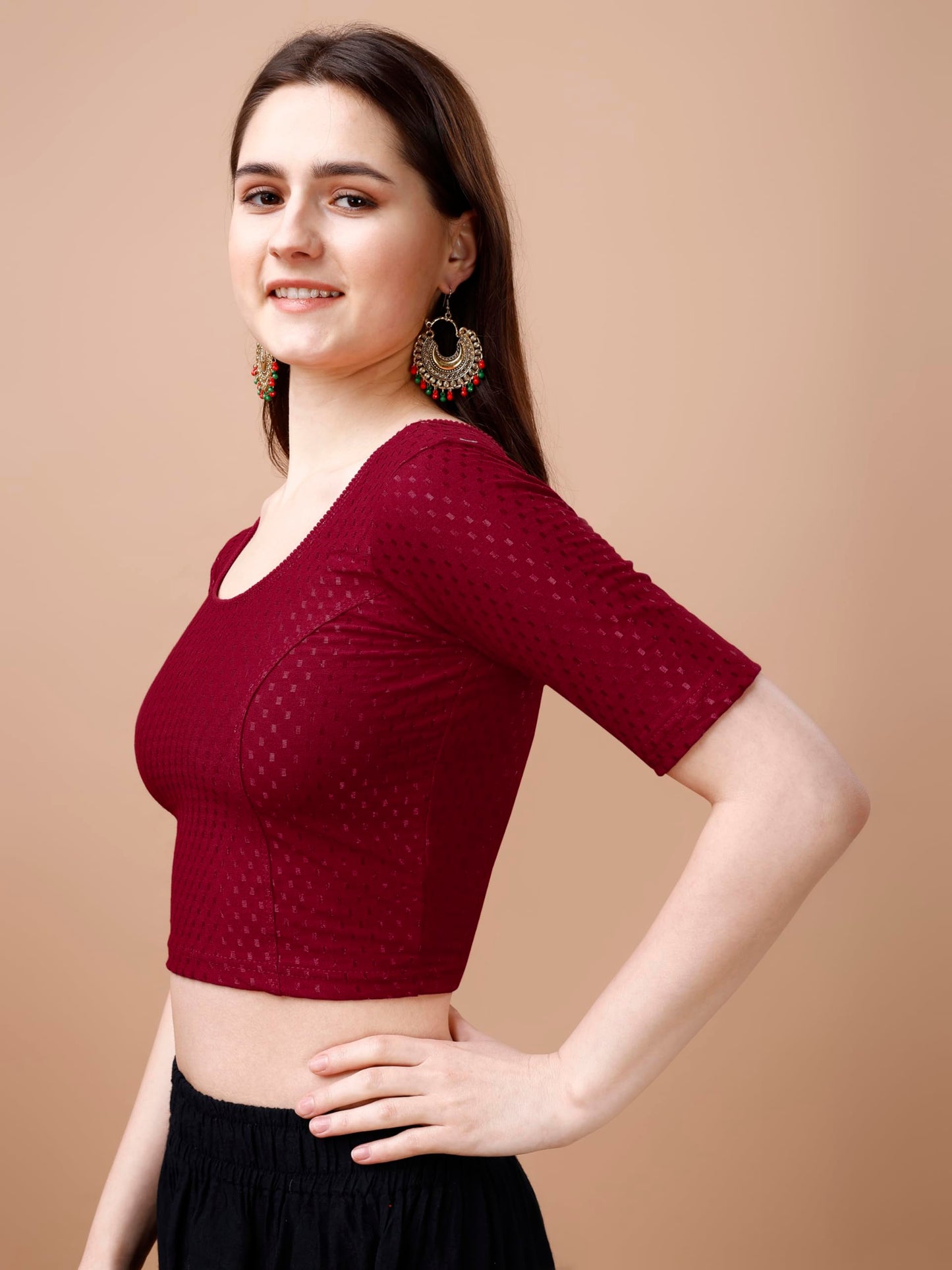 Pujia Mills WomenS Readymade Dobby Cotton Lycra Stretchable Round Neck Half Sleeve Blouse Fancy Maroon Color Lycra Stretchable