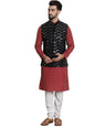 SOJANYA (Since 1958 Men's Silk Blend Maroon Kurta and Off-White Solid Pyjama With Black Nehrujacket