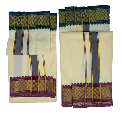 Prakasam Cotton Mens Blended Silk Type Pet Dhoti With Matching Towel/Dhoti1.28X3.60Mtr/1.28X1.80Mtr Towel/8 Mulam Vesti & 4 Mula