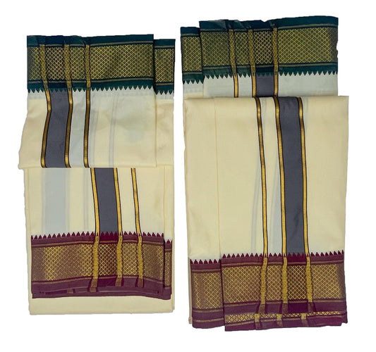 Prakasam Cotton Mens Blended Silk Type Pet Dhoti With Matching Towel/Dhoti1.28X3.60Mtr/1.28X1.80Mtr Towel/8 Mulam Vesti & 4 Mula