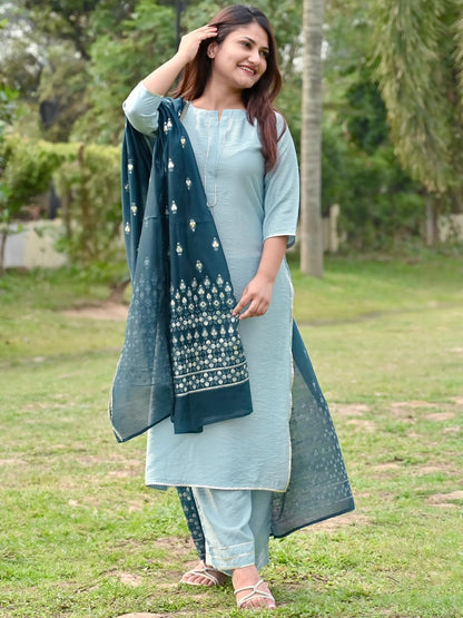 Libas Womens Solid Silk Blend Straight Kurta With Palazzos And Dupatta