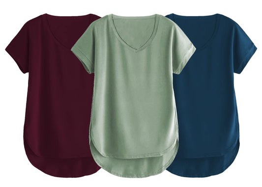 Fabricorn Combo Of Three Plain Sage Green, Airforce Blue And Wine V-Neck Up And Down Cotton Tshirt For Women (Sage Green, Airfor