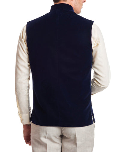 Wintage Men'S Velvet Bandhgala Festive Navy Blue Nehru Jacket Waistcoat