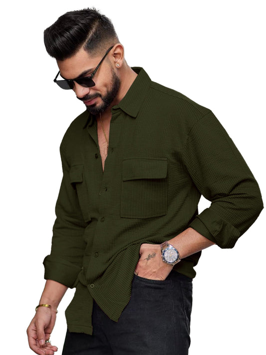Noble Monk Mens Solid Casual Shirt |Full Sleeve | Regular Fit |Stylish Shirt for Men Olive