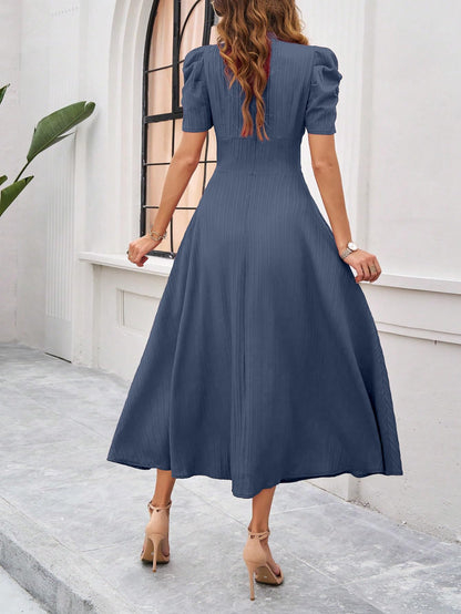 Shasmi Girls & Womens Indigo Blue Solid Color V-Neck A-Line Maxi Dress for Women | New Year Party Outfit | Waist Cinched Puff