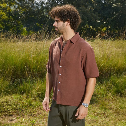 Campus Sutra Mens Sienna Brown Breezy Oversized Shirt for Casual Wear | Spread Collar | Short Regular Sleeves | Button Closure