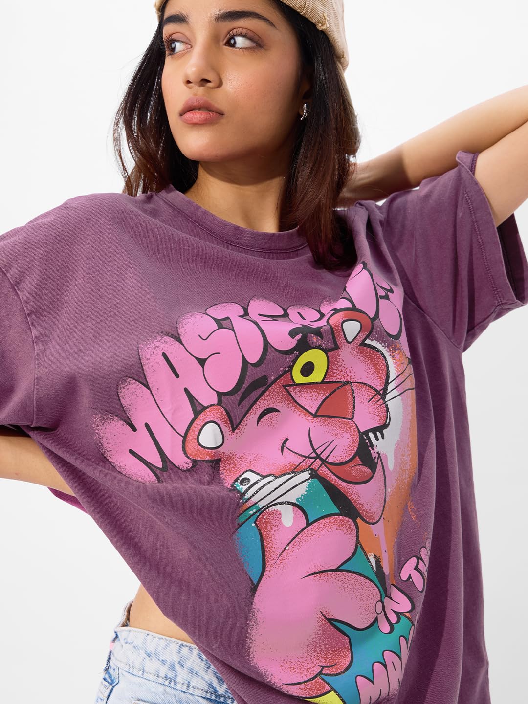 The Souled Store Official Pink Panther: Masterpiece Women and Girls Short Sleeve Round Neck Printed Cotton Oversized T-Shirts