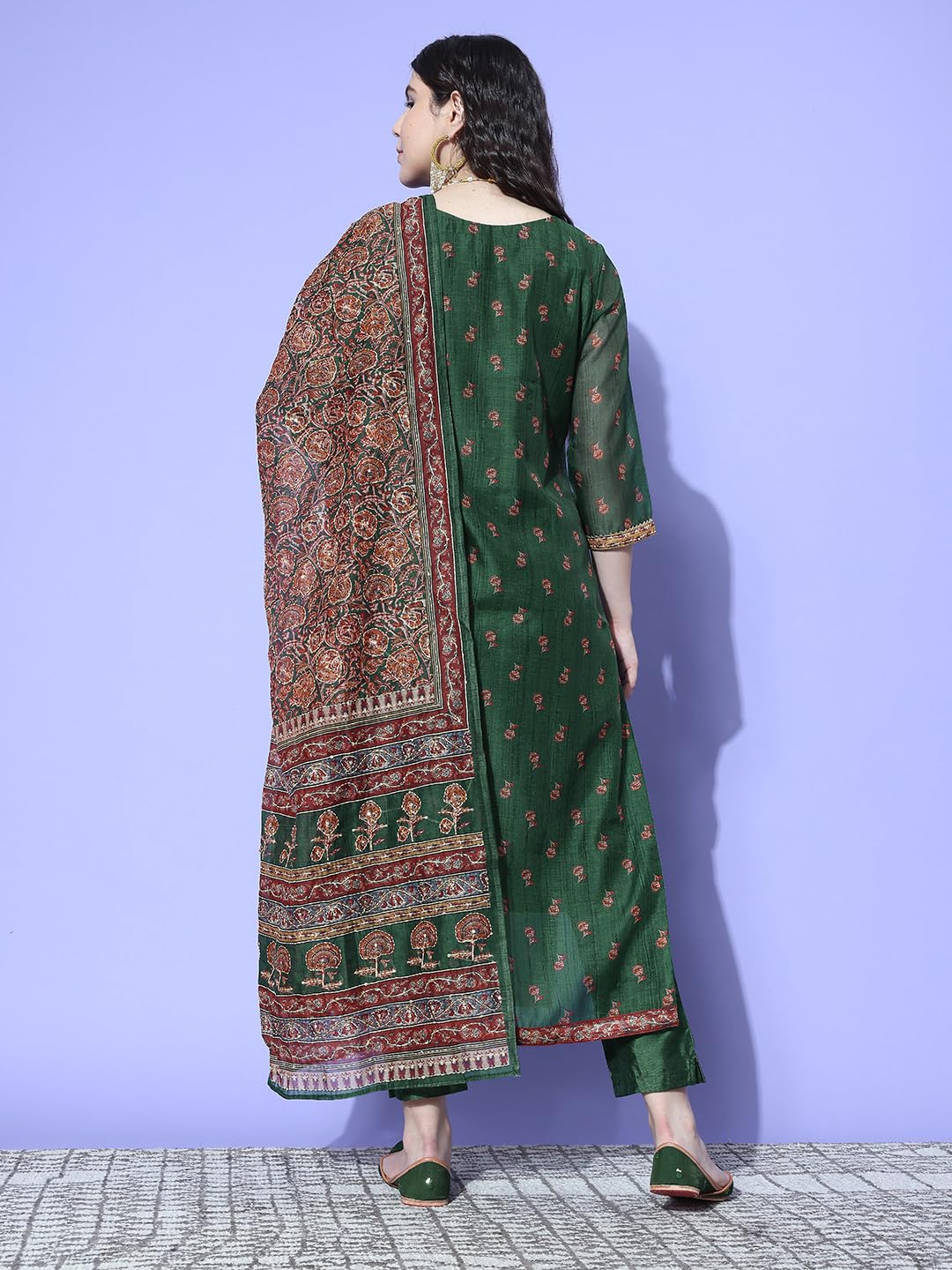 VARANGA Women Green Floral Printed Kurta Paired With Tonal Bottom And Thread Embroidered Dupatta
