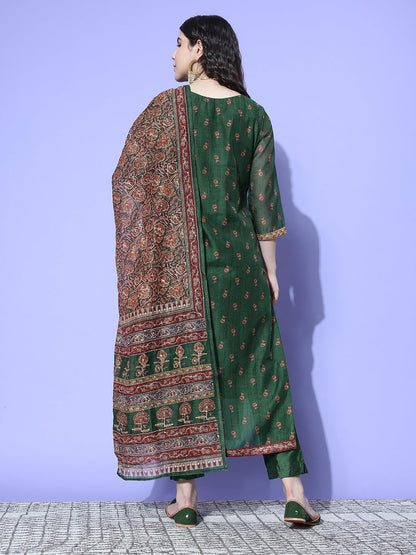 VARANGA Women Green Floral Printed Kurta Paired With Tonal Bottom And Thread Embroidered Dupatta