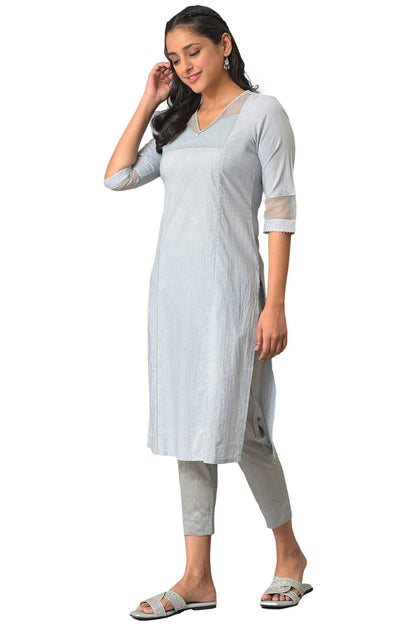 Aurelia Blue Solid Sequin Cotton Regular Kurta