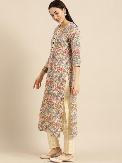 Varanga Sea Green And Mustard Floral Printed Straight Kurta With Printed Trouser