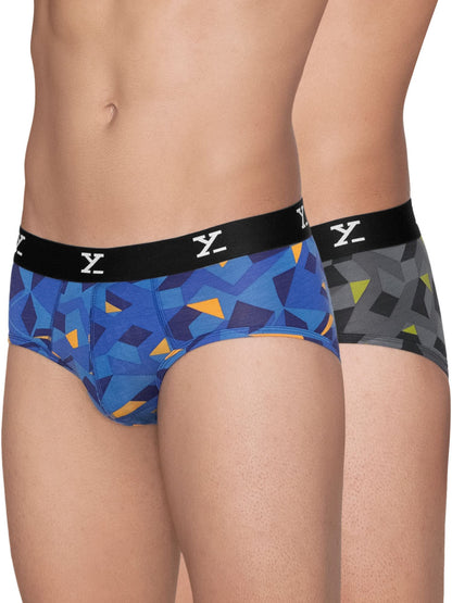 XYXX Mens Modal Slim Geometric Briefs (Pack of 2) (XY_R5_BRF_02 Blue + Prism Grey