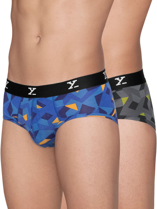 XYXX Mens Modal Slim Geometric Briefs (Pack of 2) (XY_R5_BRF_02 Blue + Prism Grey