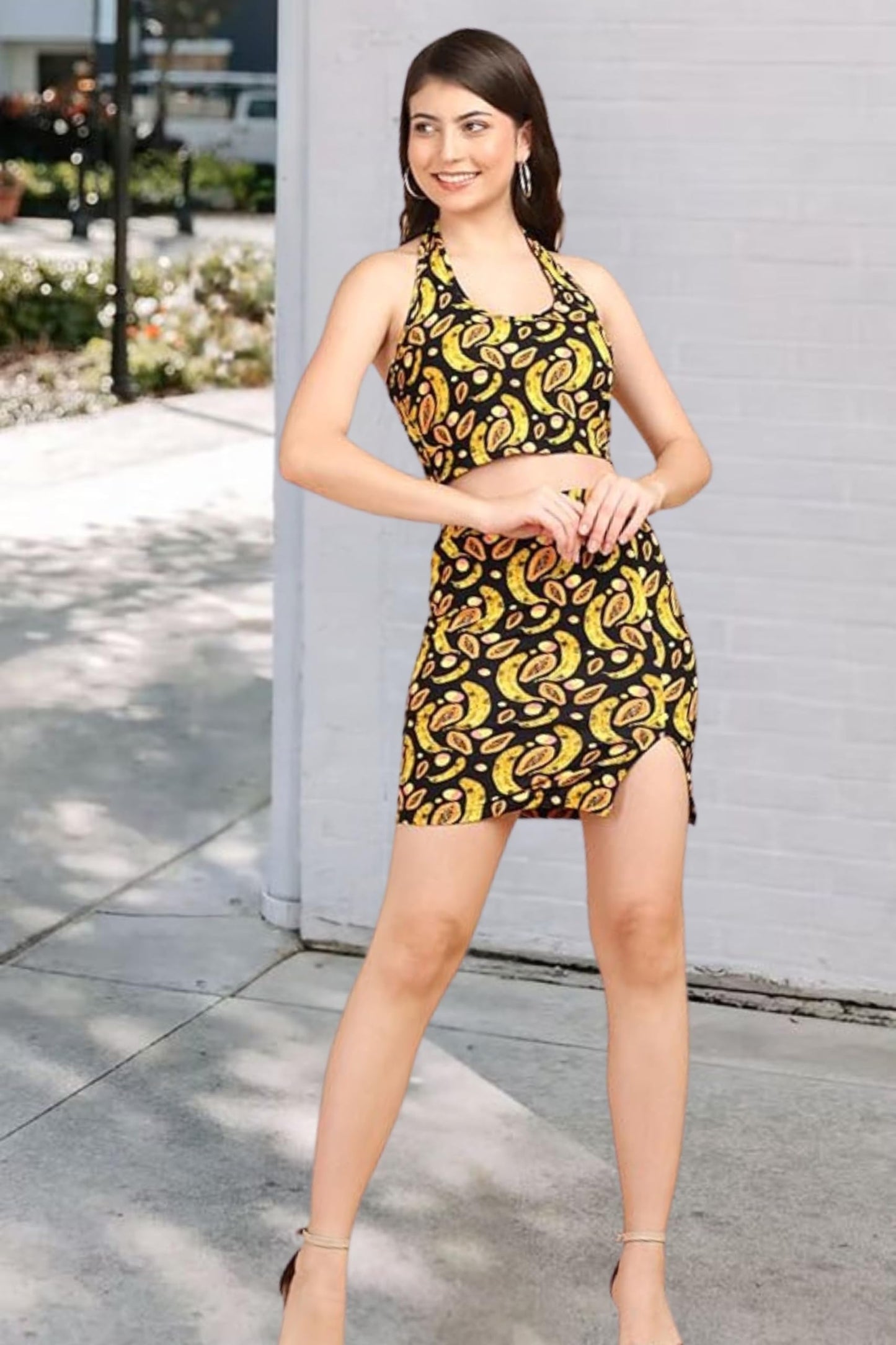 POPWINGS Casual Printed Backless Crop Top & Mini Slit Skirt Co-Ords Set for Women|| Top and Skirt Set for Women Summer Wear || L