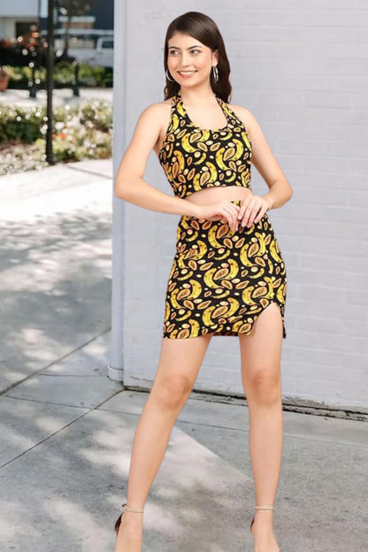 POPWINGS Casual Printed Backless Crop Top & Mini Slit Skirt Co-Ords Set for Women|| Top and Skirt Set for Women Summer Wear || L