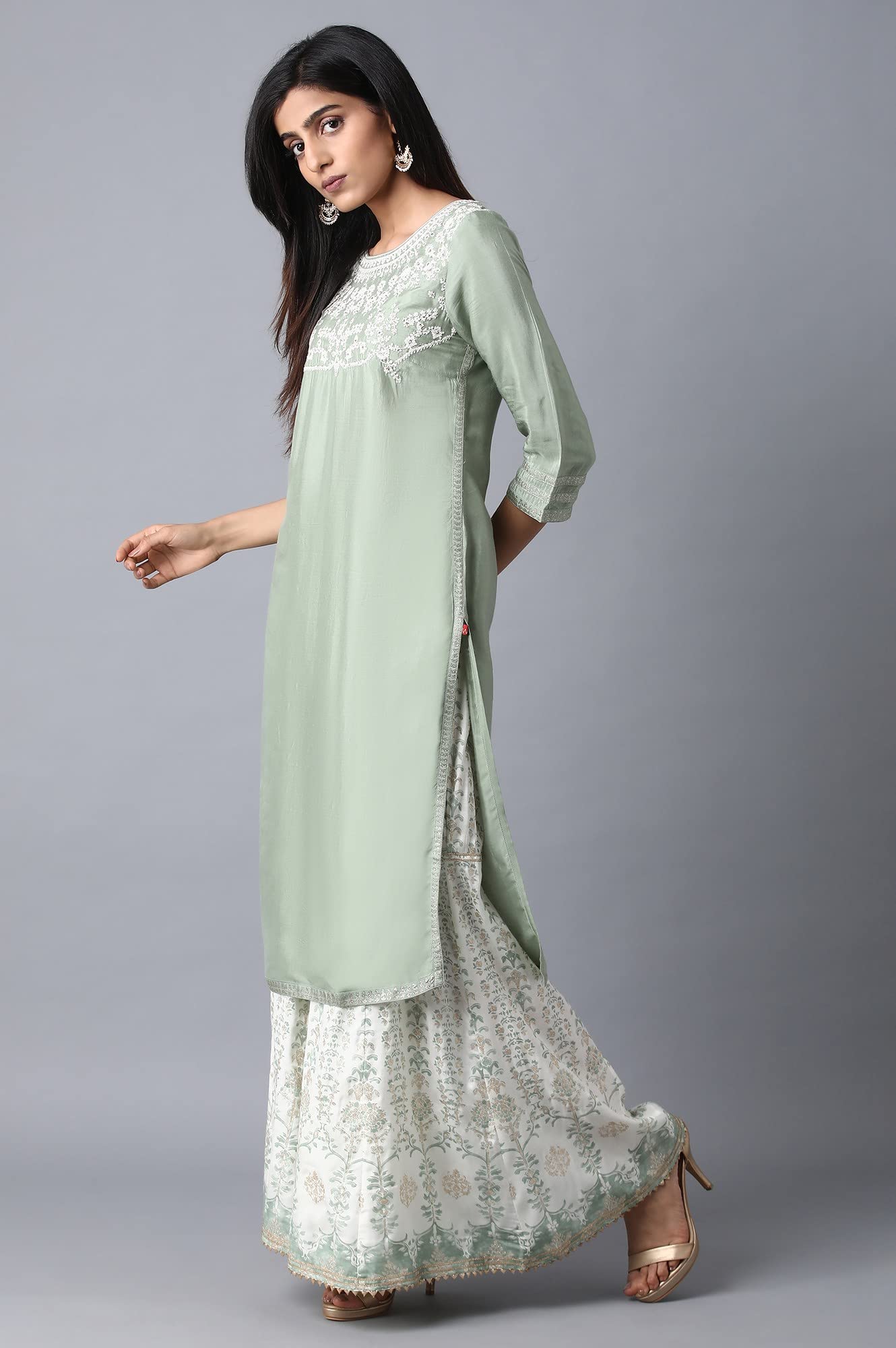 W For Woman Orange Floral Printed Regular Kurta with Dori Embroidery