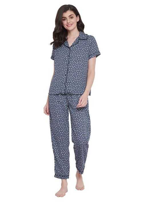 Clovia Womens Print Me Pretty Button Me Up Shirt & Pyjama (LS0385A01_Grey_XL)