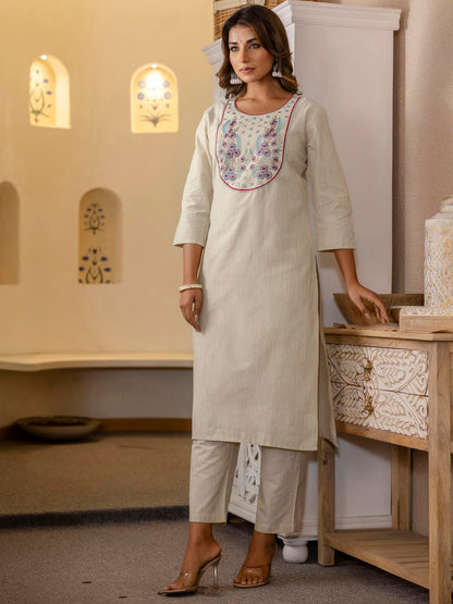 Sanisa Women's Cotton Blend Weaving & Embroidery Straight Kurta with Pant and Dupatta Set