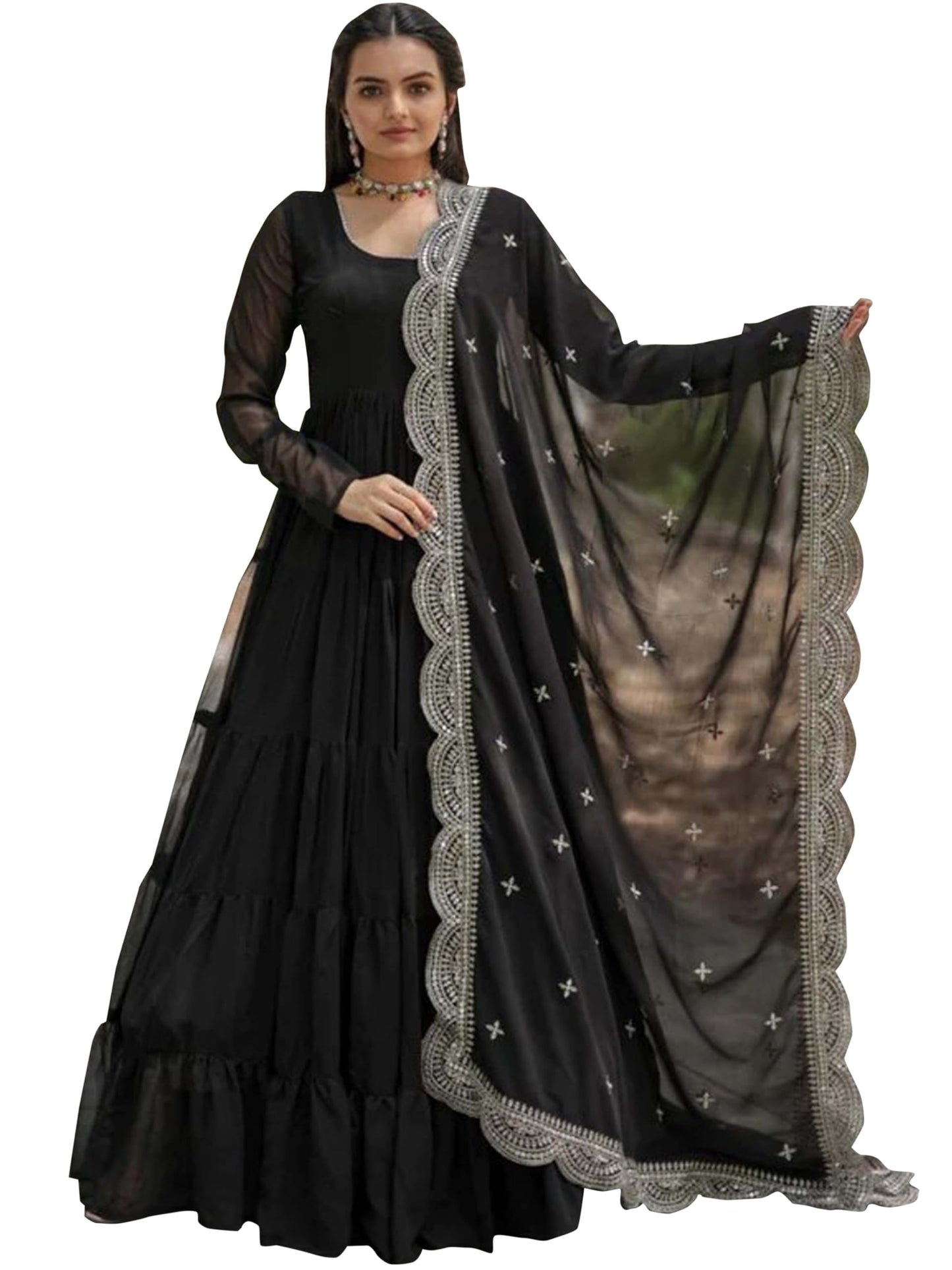 Fashion Basket WomenS Georgette Solid Anarkali Dress Black
