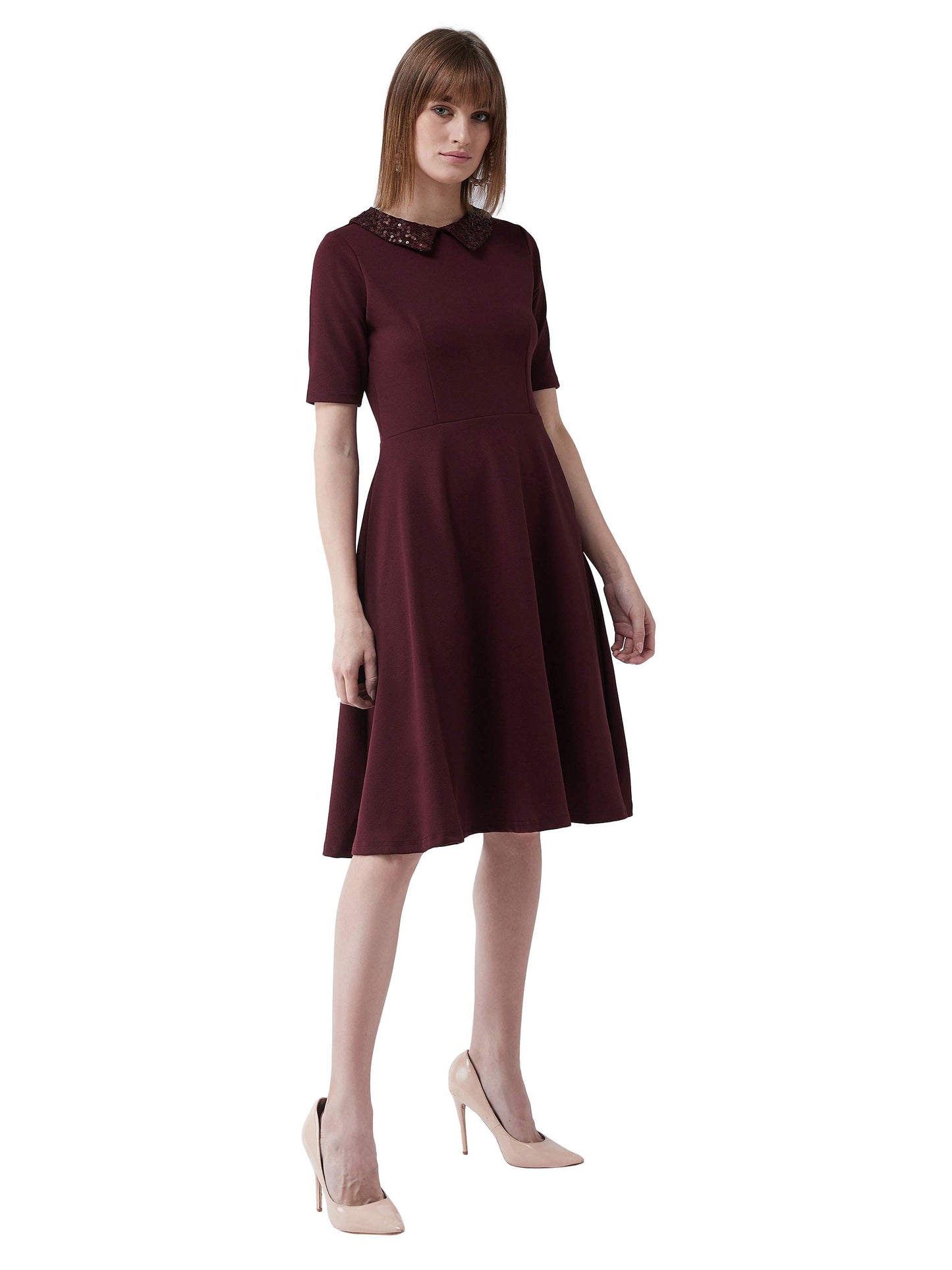 Miss Chase WomenS Wine Red Collared Round Neck Half Sleeve Solid Knee-Long Skater Dress With Buttoned Closure (Mcss20D99-43-184