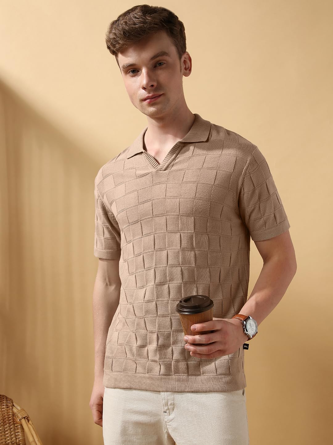 Dennis Lingo Men Beige Textured Half Sleeves Regular Fit T Shirts