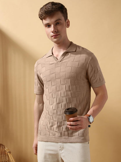 Dennis Lingo Men Beige Textured Half Sleeves Regular Fit T Shirts