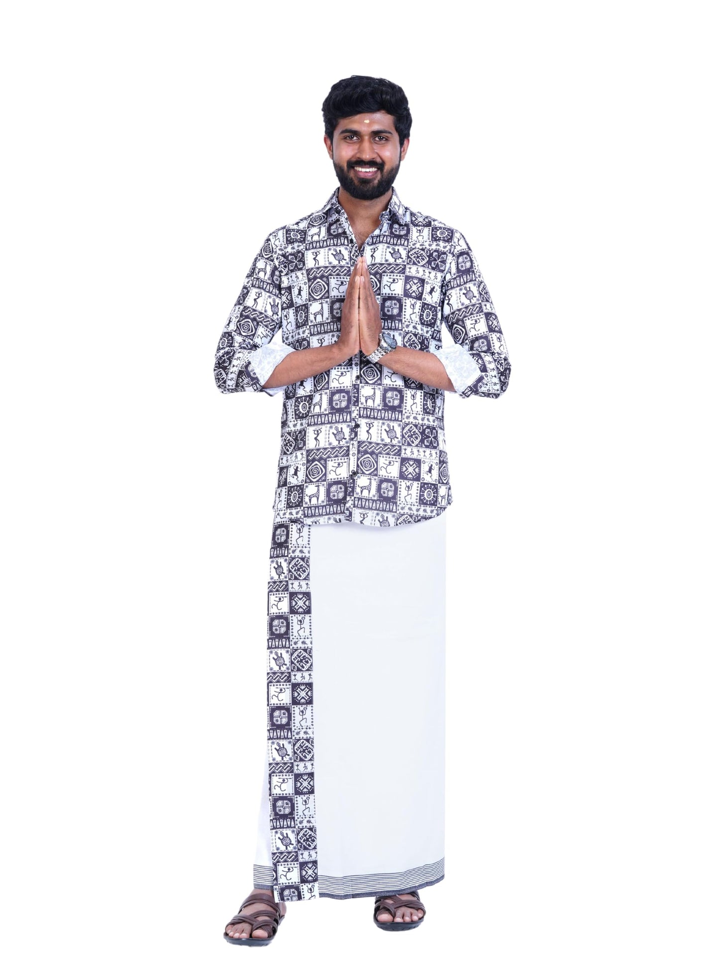 Prakasam Cotton Mens Colour Onam Special Printed Full Sleeve Slim Fit Multi Colour Shirt Matching With Border Single Dhoties For