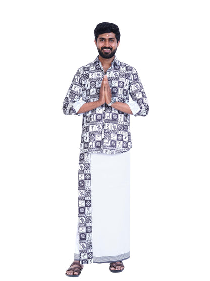 Prakasam Cotton Mens Colour Onam Special Printed Full Sleeve Slim Fit Multi Colour Shirt Matching With Border Single Dhoties For